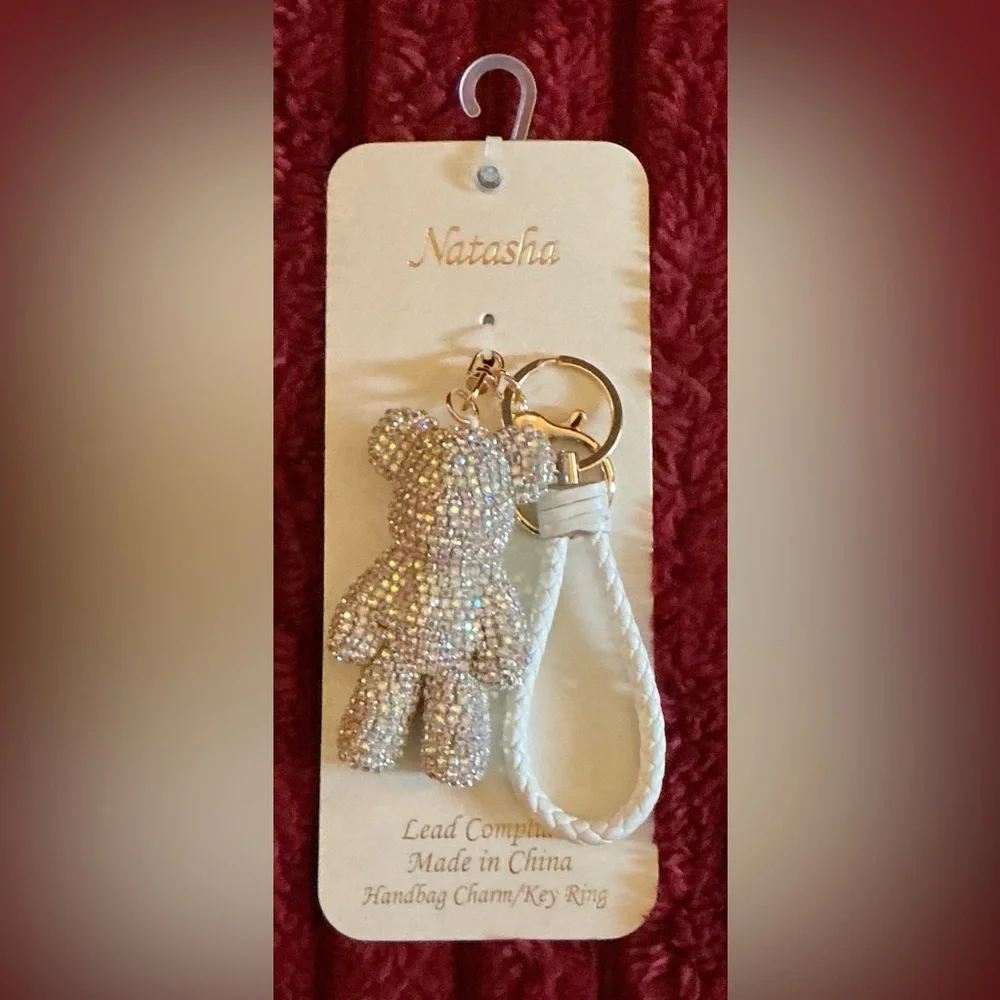 Natasha Couture Iridescent Crystal Bear Keychain with White Braided Strap